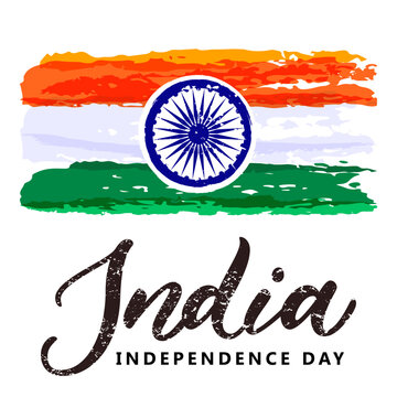 India watercolor flag with Ashoka Chakra and calligraphy lettering. Vector Independence Day banner or poster