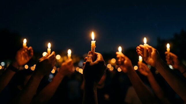 Many hands holding burning candles during a candlelight vigil for International Day of Peace to represent hope and global unity in a cinematic night setting