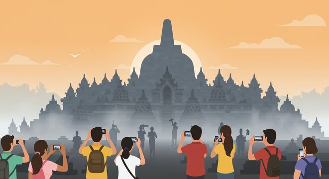 Tourists Taking Photos of Borobudur Temple at Beautiful Sunset Time