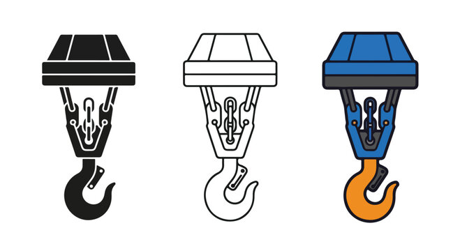 Three stylized industrial crane hook hoist icons in varied graphic styles.