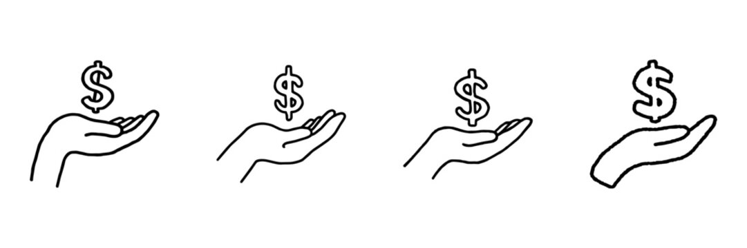 Money Donation And Support Hand Drawn Doodle Icon Set. Giving, Charity, Payment And Financial Assistance Sketch Symbol Collection. Business And Social Aid. Isolated Vector Illustration