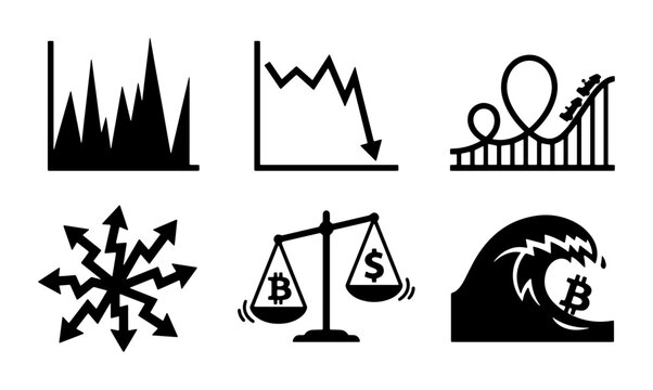 Financial Market Volatility Icons: Bitcoin Rollercoaster, Market Crash, Economic Instability, Investment Balance