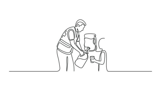 Paramedic aids thirsty person with water from jug, single line drawing