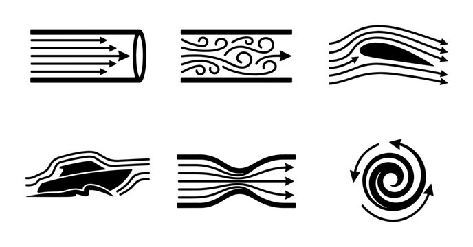 Fluid Dynamics Icons: Flow, Aerodynamics, Turbulence, Bernoulli Effect, Laminar & Turbulent Flow