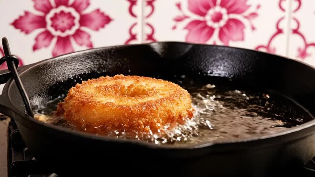 Frying donut ring in hot oil inside cast iron pan.