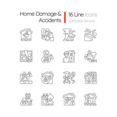 Fototapeta premium Home damage linear icons set. Preventing house hazards. Flooding, water leak. Electric shock. Fall risks. Customizable thin line contour symbols. Isolated vector outline illustrations. Editable stroke