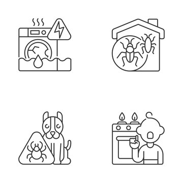 Unsafe home situations linear icons set. Household appliances malfunction. Pet hazards. Childhood trauma. Customizable thin line contour symbols. Isolated vector outline illustrations. Editable stroke