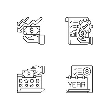 Accounting linear icons set. Mananging business bank accounts. Financial plan for company. Customizable thin line contour symbols. Isolated vector outline illustrations. Editable stroke