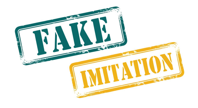 Stamps Mark Fake and Imitation to Highlight Counterfeit Awareness in Visual Messaging.