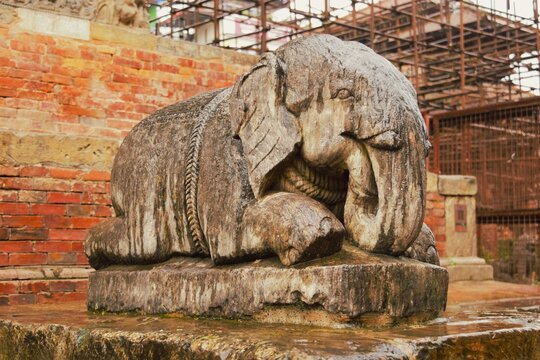 Ancient stone elephant statue at Patan Durbar Square, Nepal