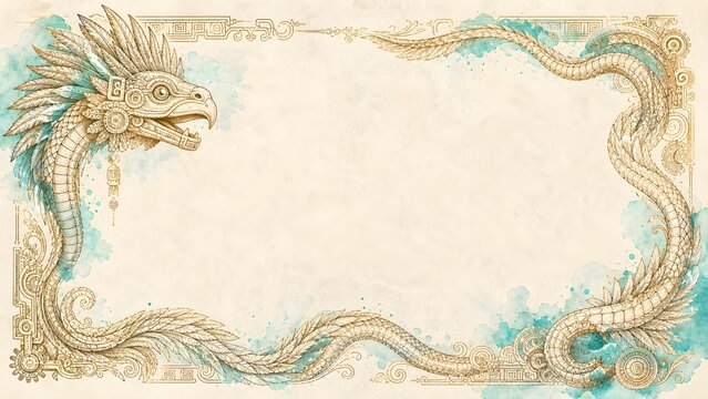 Ancient Aztec Quetzalcoatl Line Art Frame on Parchment with Feathered Serpent Border and Turquoise Splash