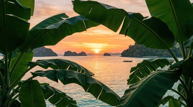 Tropical sunset over Fiji islands framed by lush green banana leaves. Serene sea landscape with traditional boat. Exotic travel vacation destination and summer holiday atmosphere view.