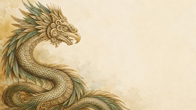 Ancient Aztec Quetzalcoatl Line Art Illustration on Parchment with Feathered Serpent Left Side Profile