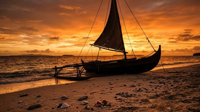 Traditional boat on sand at sunset in Fiji. Tropical beach landscape with silhouette of outrigger canoe. Exotic ocean view at dusk. Travel destination, vacation and island lifestyle.