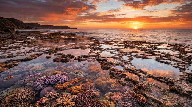 Sunset over coral reef in Fiji. Tropical island coastline with colorful sea life in shallow tide pools. Scenic ocean landscape at dawn. Nature travel destination for vacation trip.