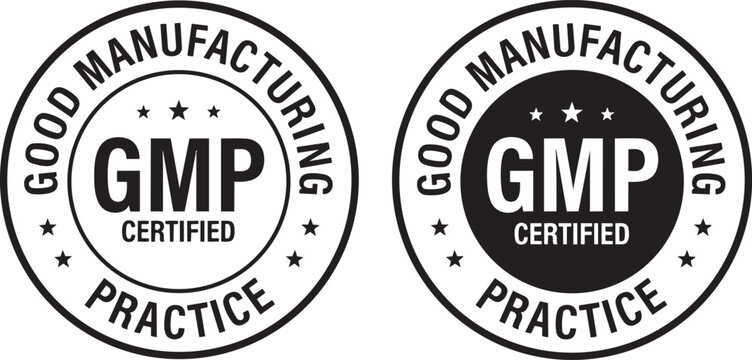 Set of GMP certified badges representing Good Manufacturing Practice standards for quality assurance and compliance isolated on a white background