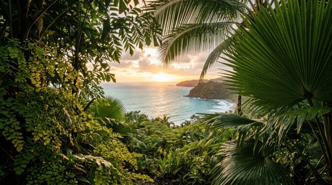 Tropical sunset in Fiji seen through lush jungle foliage. Panoramic ocean view from coastline cliff. Exotic island paradise landscape, summer travel concept and nature scenery.