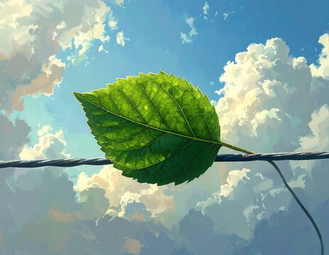 Close-up of a green leaf against blue sky with clouds.
