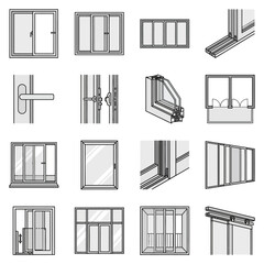Fototapeta premium Architectural window and door icons with glass frames.