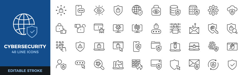 Fototapeta na wymiar Cybersecurity icon set. Data protection, network security, privacy and digital safety thin line icons. Editable stroke vector illustrations.
