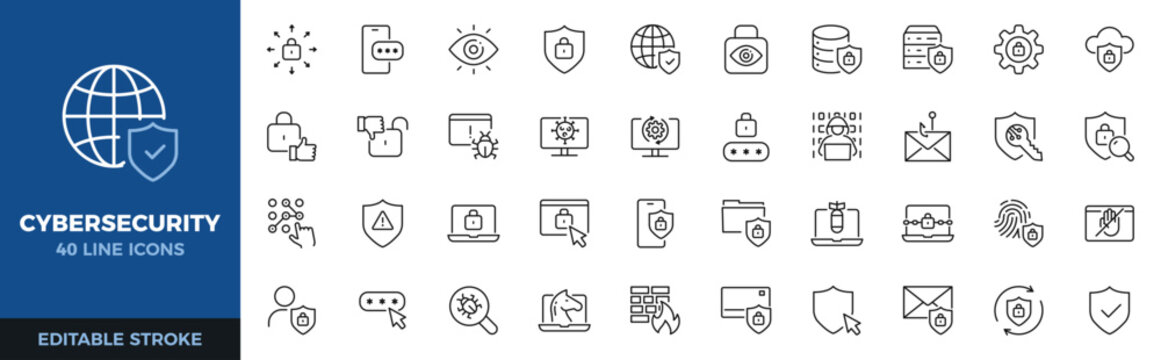Cybersecurity icon set. Data protection, network security, privacy and digital safety thin line icons. Editable stroke vector illustrations.