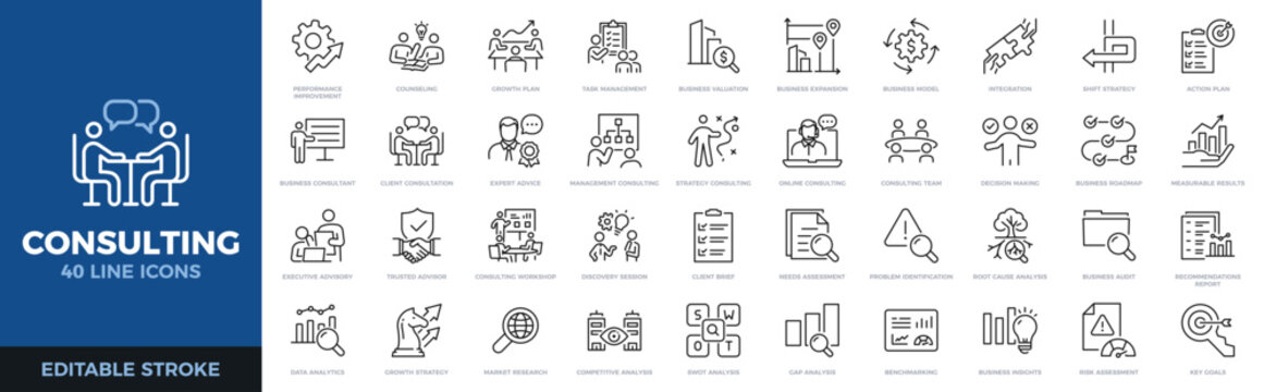 Consulting icon set. Business strategy, management, analysis and corporate growth thin line icons. Editable stroke vector illustrations.