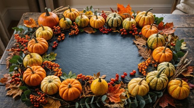 Festive thanks giving day arrangement pumpkins berries and autumn leaves on wooden table