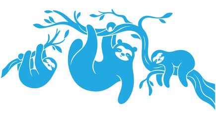 Cute sloth family vector illustration with three sloths hanging and sleeping on tree branches © Peng