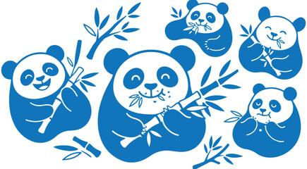 Cute panda vector illustration set with cartoon giant pandas eating bamboo stalks and leaves in blue and white style © Peng