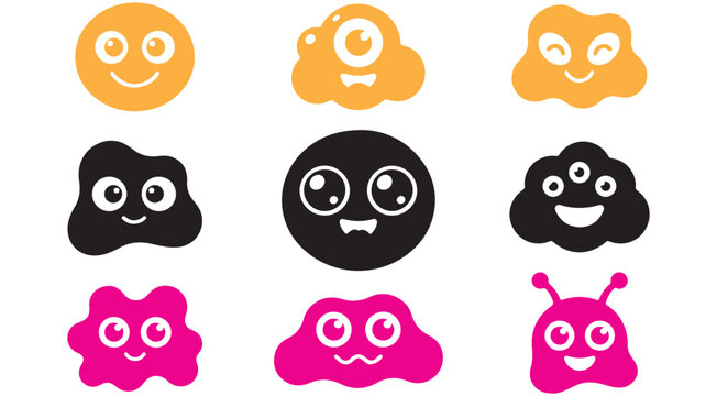Cute cartoon blob monster faces vector set with funny expressions and alien characters for graphic design