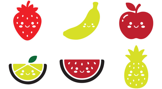 Cute kawaii fruit vector icons set featuring smiling strawberry banana apple lemon watermelon and pineapple characters for kids design