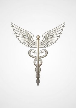 Classical medical caduceus symbol with wings and entwined snakes.