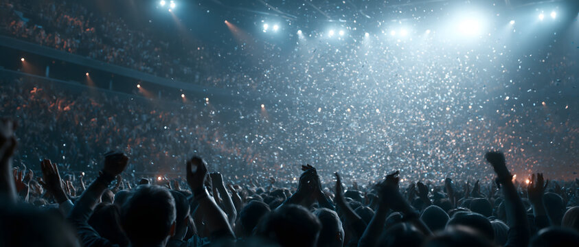 Crowd at a concert with confetti falling illuminated by stage lighting and spotlights audience festival gig live music event people