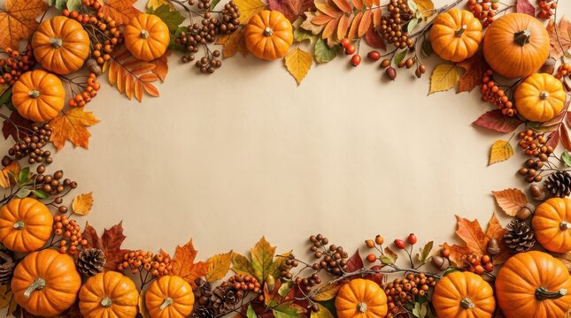 Festive thanks giving day border pumpkins autumn leaves and berries for holiday decor