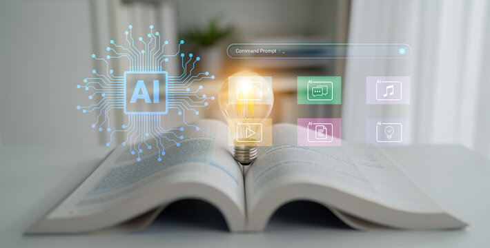 Visual representation of artificial intelligence paired with knowledge, creativity, and innovation. A light bulb signifies ideas emerging from an open book in a modern environment. Cyphers