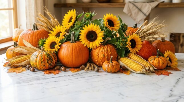 Festive thanks giving day table setting with pumpkins sunflowers and autumn decor
