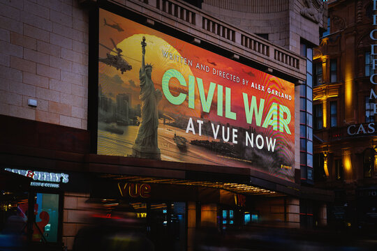 Civil War Movie Poster (Alex Garland), Leicester Square, Vue West End Cinema, England, United Kingdom - April 2024