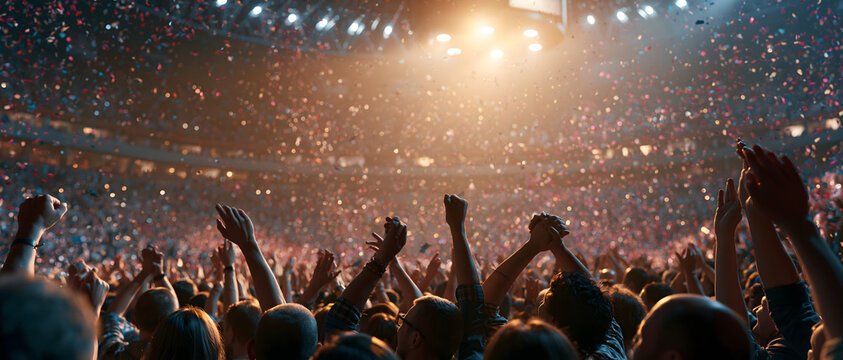 Crowd at a concert with raised hands and falling confetti stage lighting and blurred audience event festival gig live music