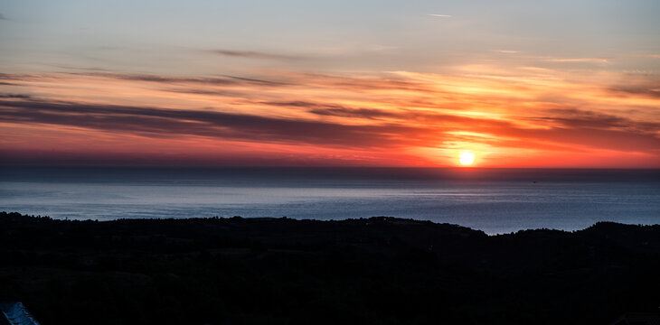 Adriatic Sea. Spectacular aurora and sunrise seen from the village of Ripatransone, in the Marche region.