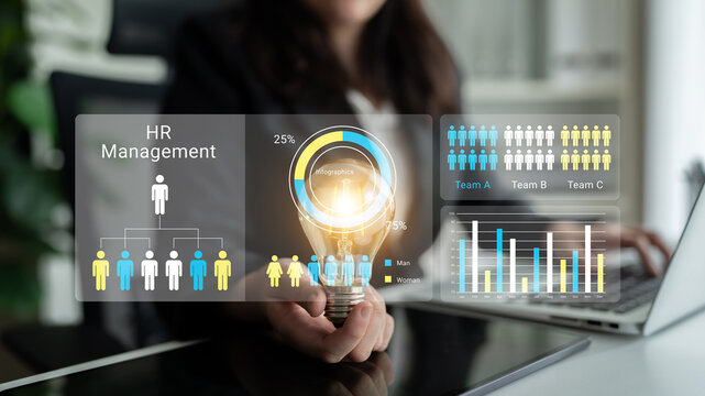 This image highlights modern HR management strategies, showcasing analytics and teamwork visualizations in a contemporary office, emphasizing innovation and growth in businesses. Ledger