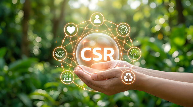 Corporate social responsibility csr concept, hands holding a glowing glass globe with business, environmental and community icons against a blurred green nature background