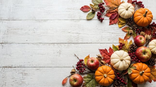 Festive thanks giving day border pumpkins apples and autumn leaves on white wood