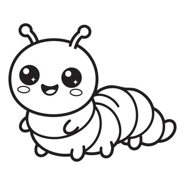 Cute happy caterpillar cartoon character line drawing for coloring book page vector design.