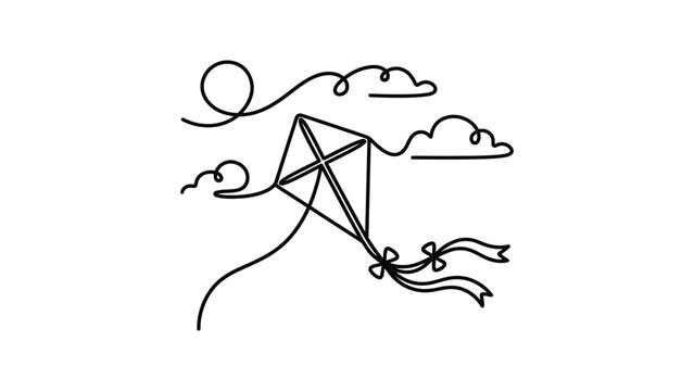 Minimalist single line drawing of a kite flying in the clouds