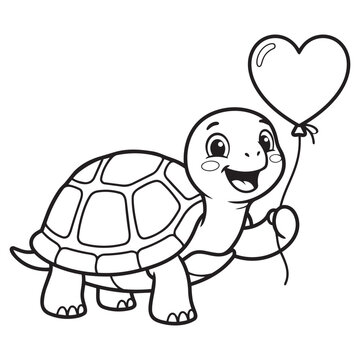 Cute cartoon turtle holding a heart shaped balloon for a coloring page book illustration vector design.