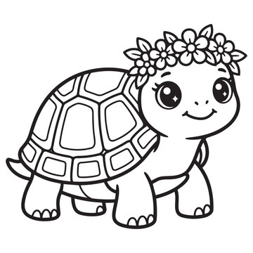 Cute baby turtle wearing a flower crown for coloring book page vector design.