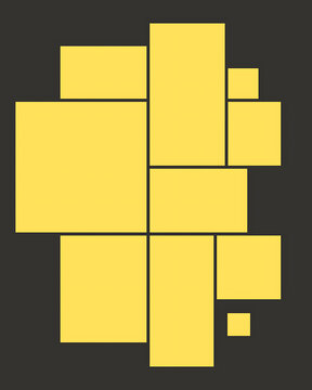 Geometric photo collage template, minimalist moodboard grid layout with yellow frames on dark background