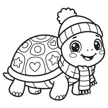 Cute cartoon turtle wearing a warm winter hat and scarf for coloring page for kids vector design.