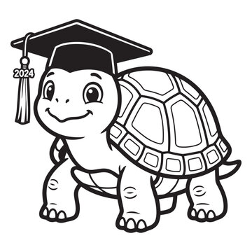 Cute cartoon turtle wearing a graduation cap for the class of 2024 as a black and white line art vector design.