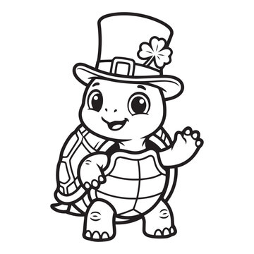 Cute cartoon turtle wearing a saint patrick day hat with a clover vector design.